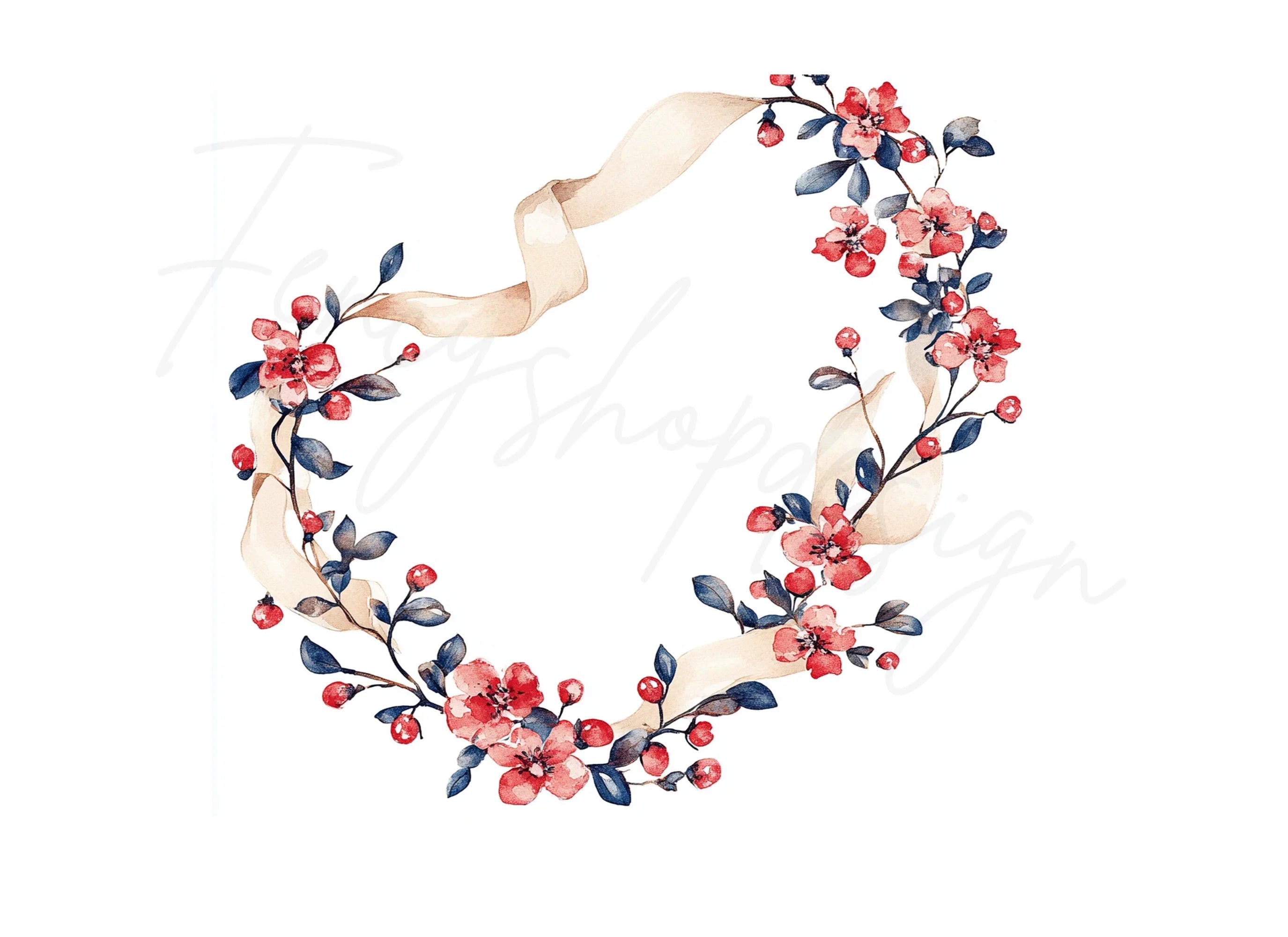 Floral Wreath with Ribbon Clipart Bundle