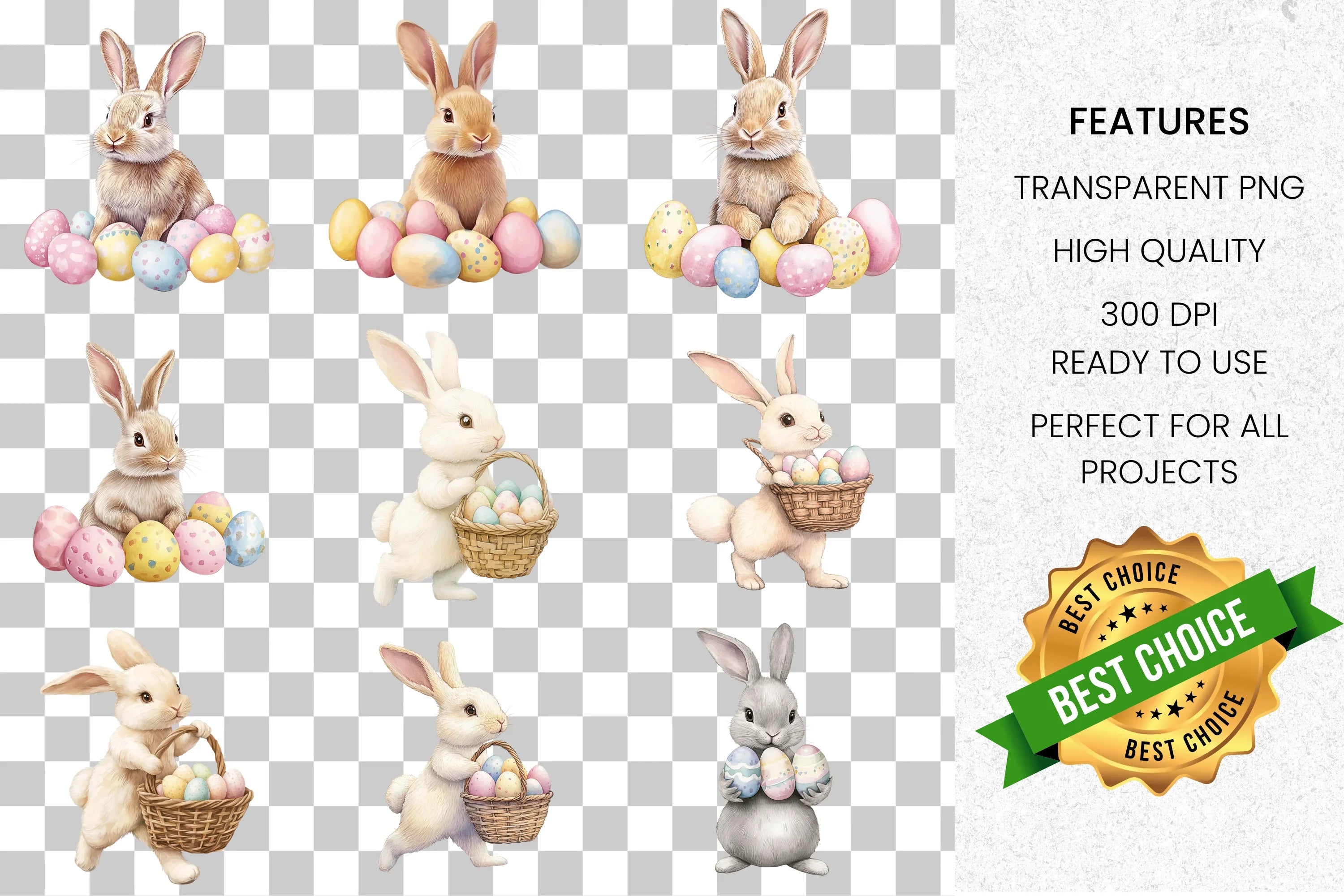 Cute Easter Bunnies with Colorful Eggs Clipart Bundle