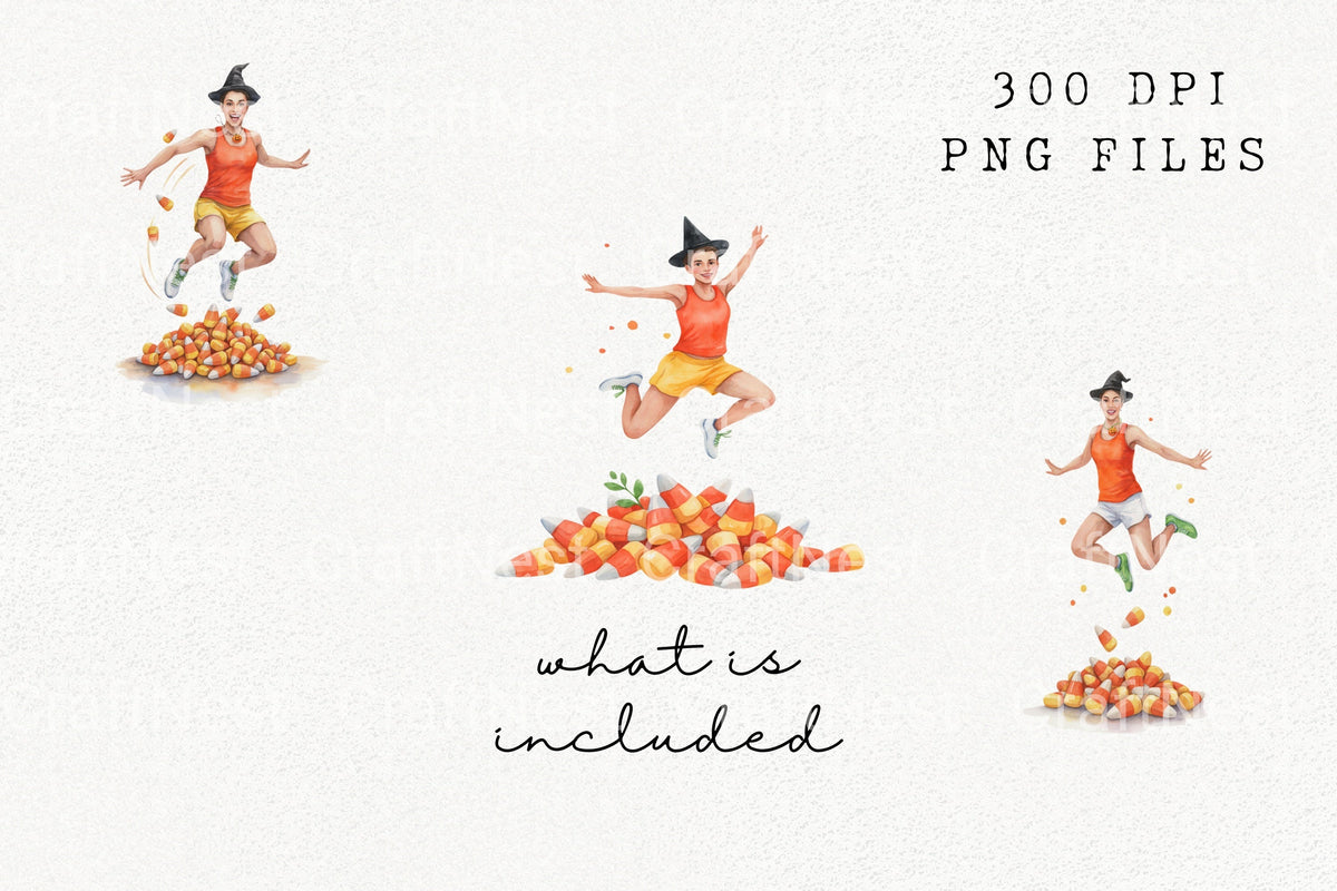 Woman Jumping In Candy Corn Pile Clipart Bundle