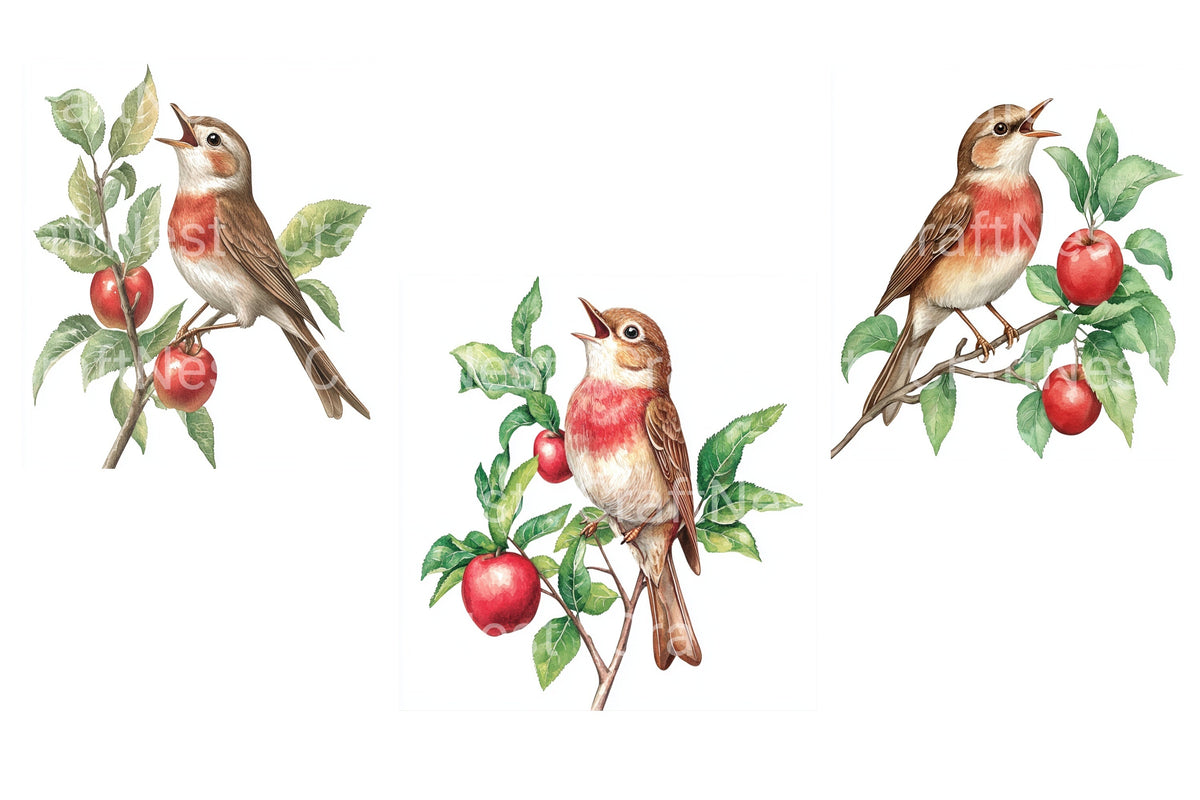 Singing Robin Bird On Apple Tree Clipart Bundle
