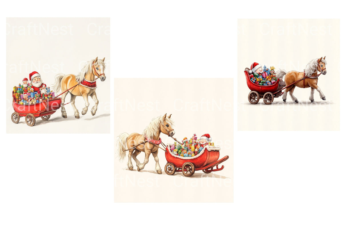 Santa Claus With Horse And Sleigh Clipart Bundle