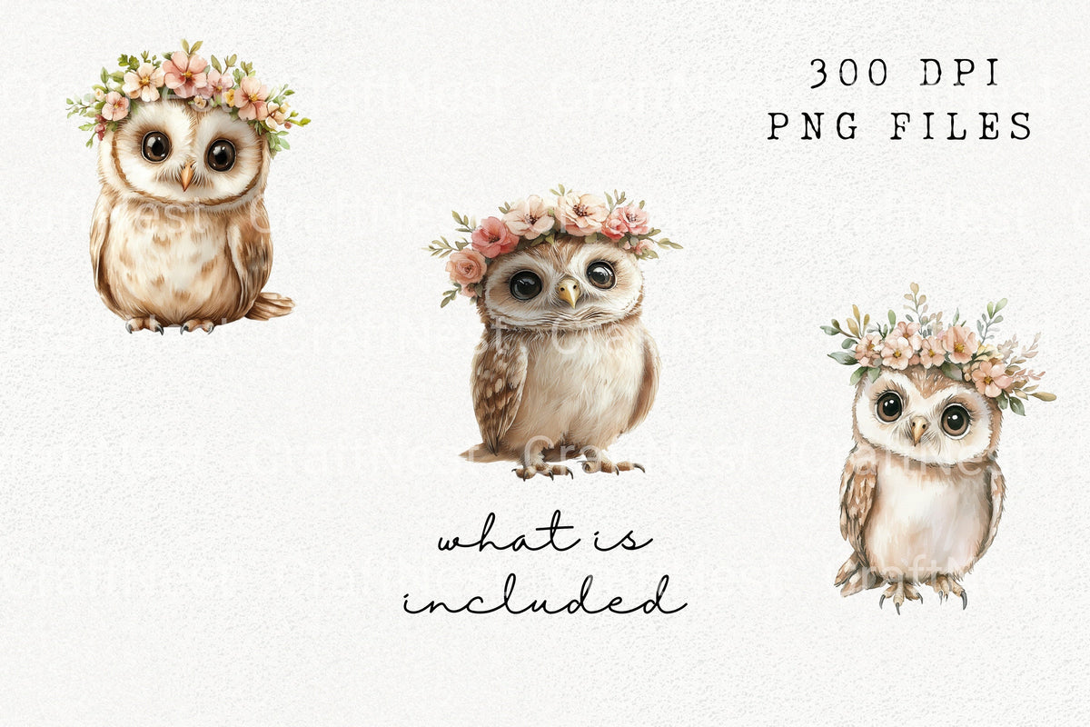 Cute Baby Owl Floral Crown Clipart Bundle