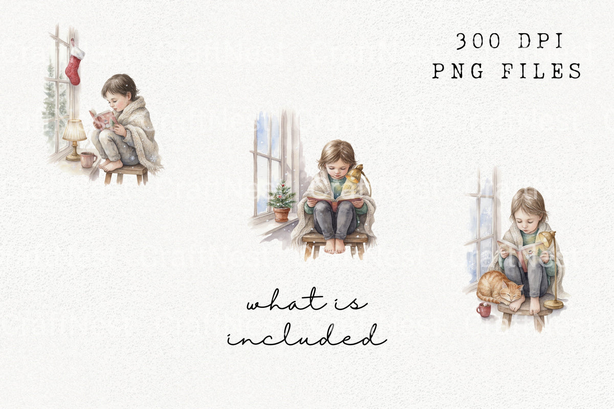 Cozy Winter Reading Kids Elements Clipart Bundle