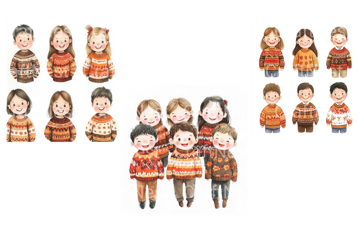 Children In Cozy Winter Sweaters Clipart Bundle