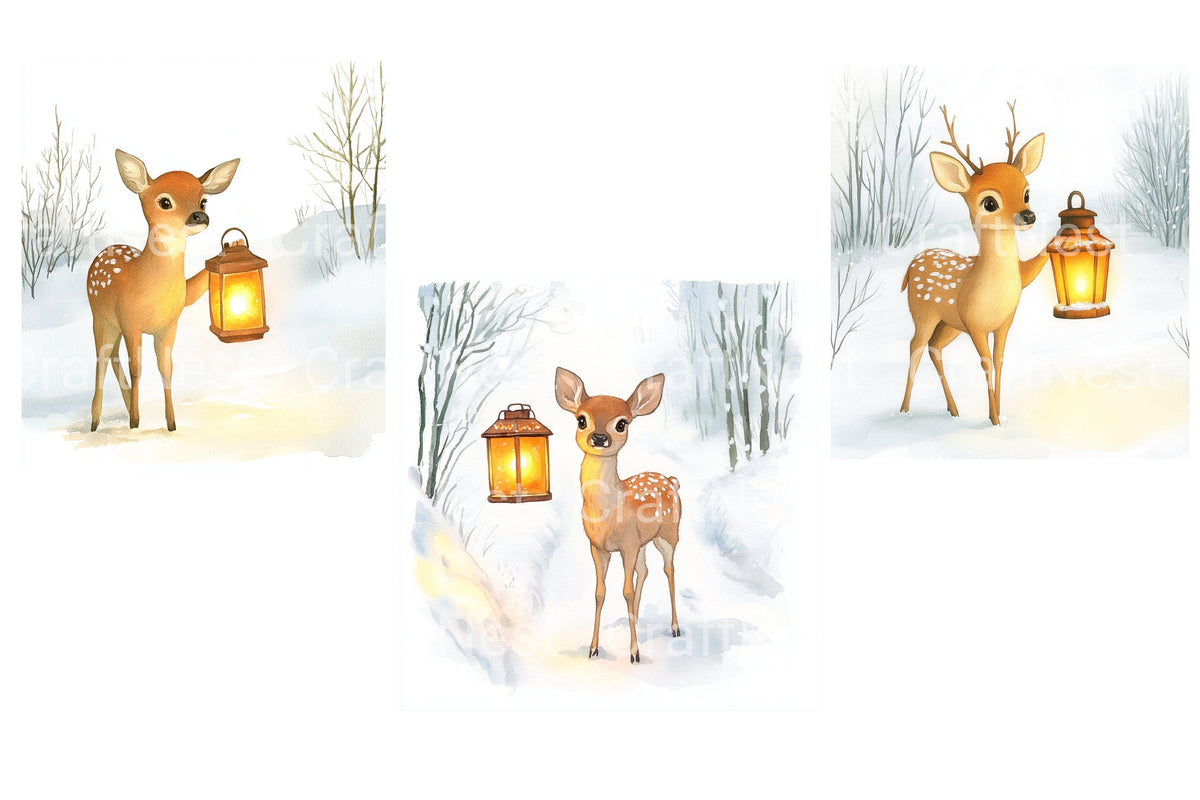 Cute Deer With Lanterns Winter Clipart Bundle