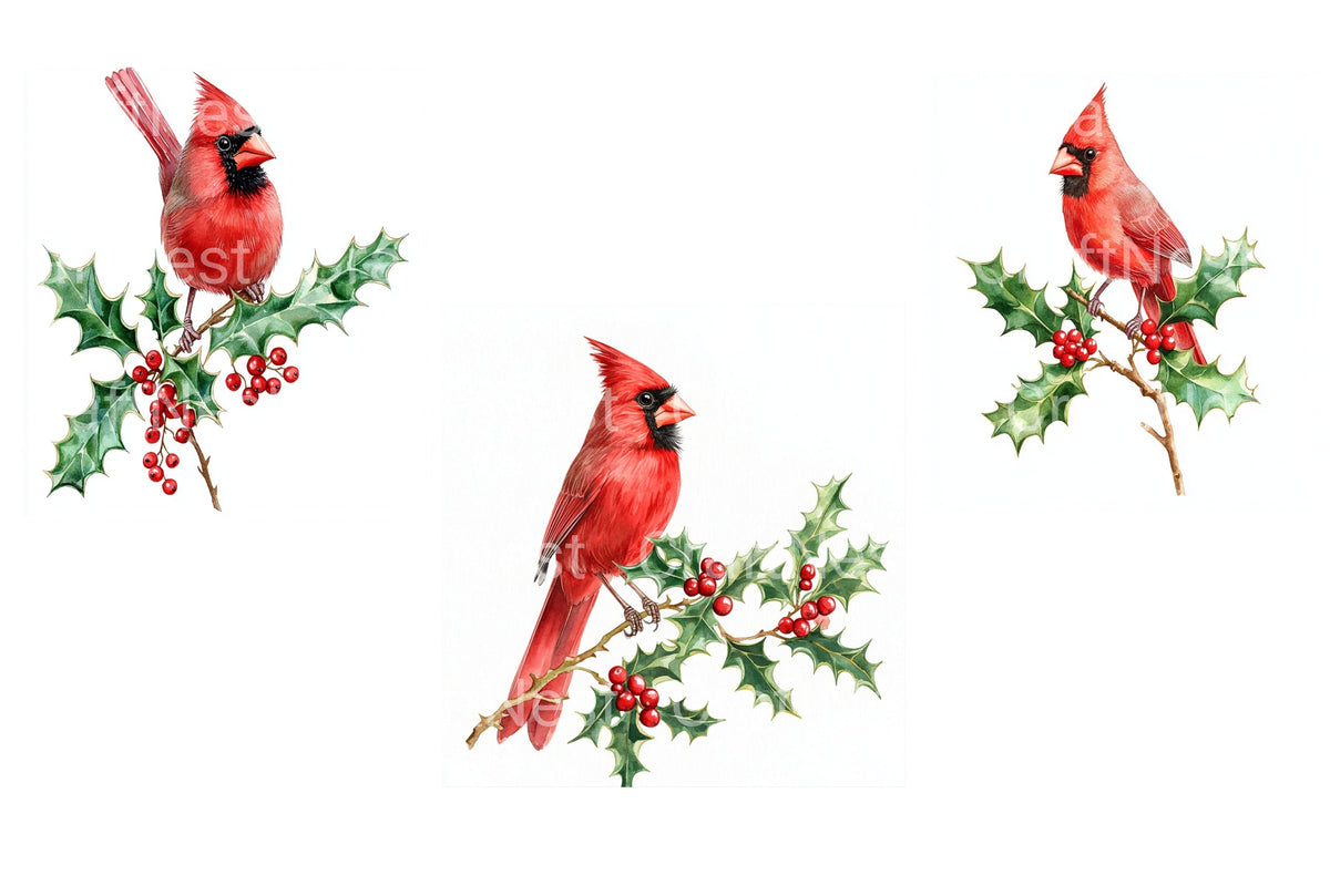 Red Cardinal Birds On Holly Branches Clipart Bundle