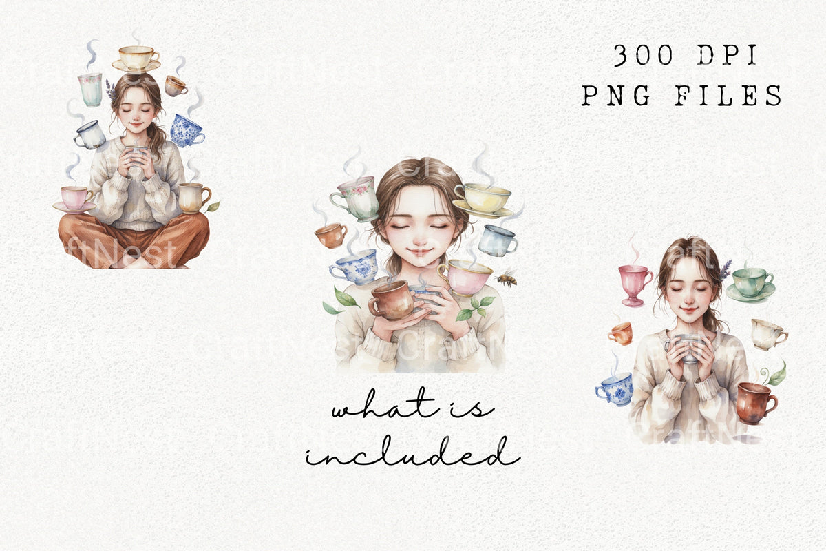 Cozy Girl With Hot Drinks Designs Clipart Bundle