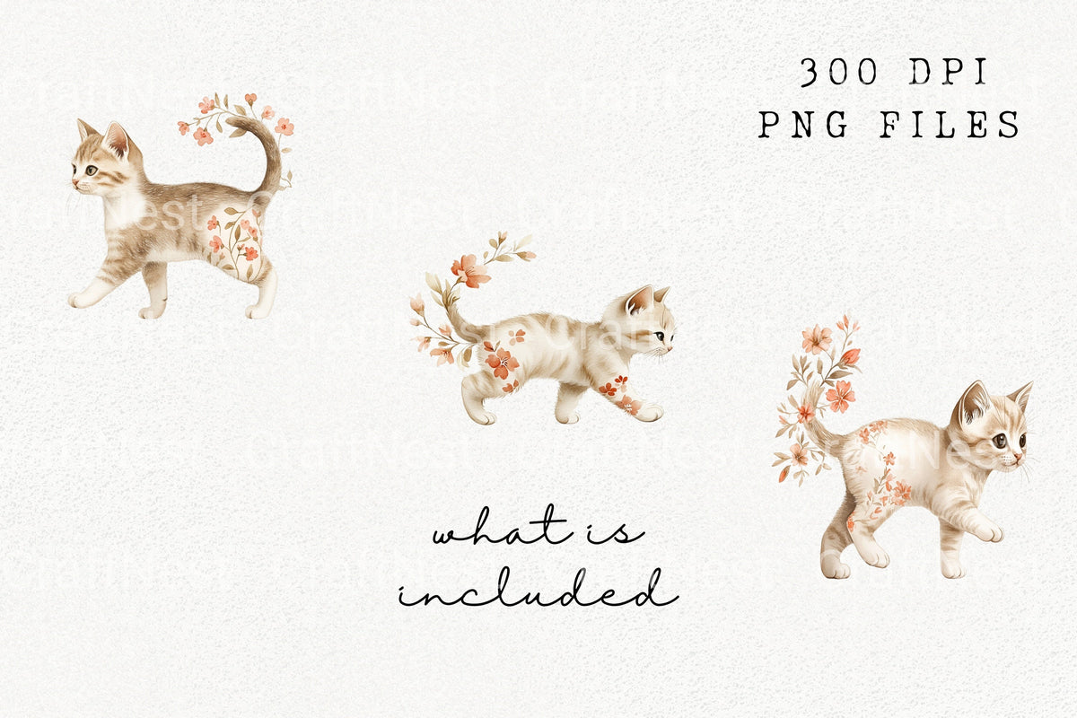 Walking Kitten With Floral Trails Clipart Bundle