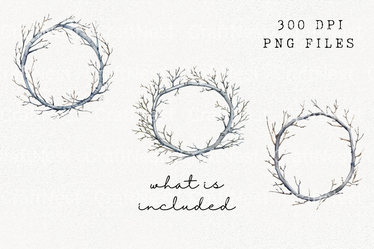 Winter Birch Branch Wreath Clipart Bundle