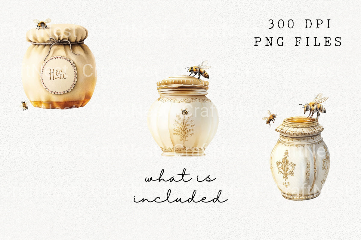Vintage Honey Pot And Bee Designs Clipart Bundle