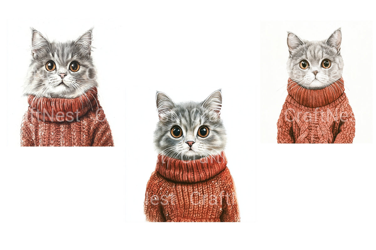 Cute Cat In Red Sweater Clipart Bundle