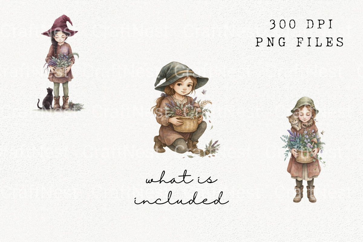 Witch Girl With Flowers And Cat Clipart Bundle