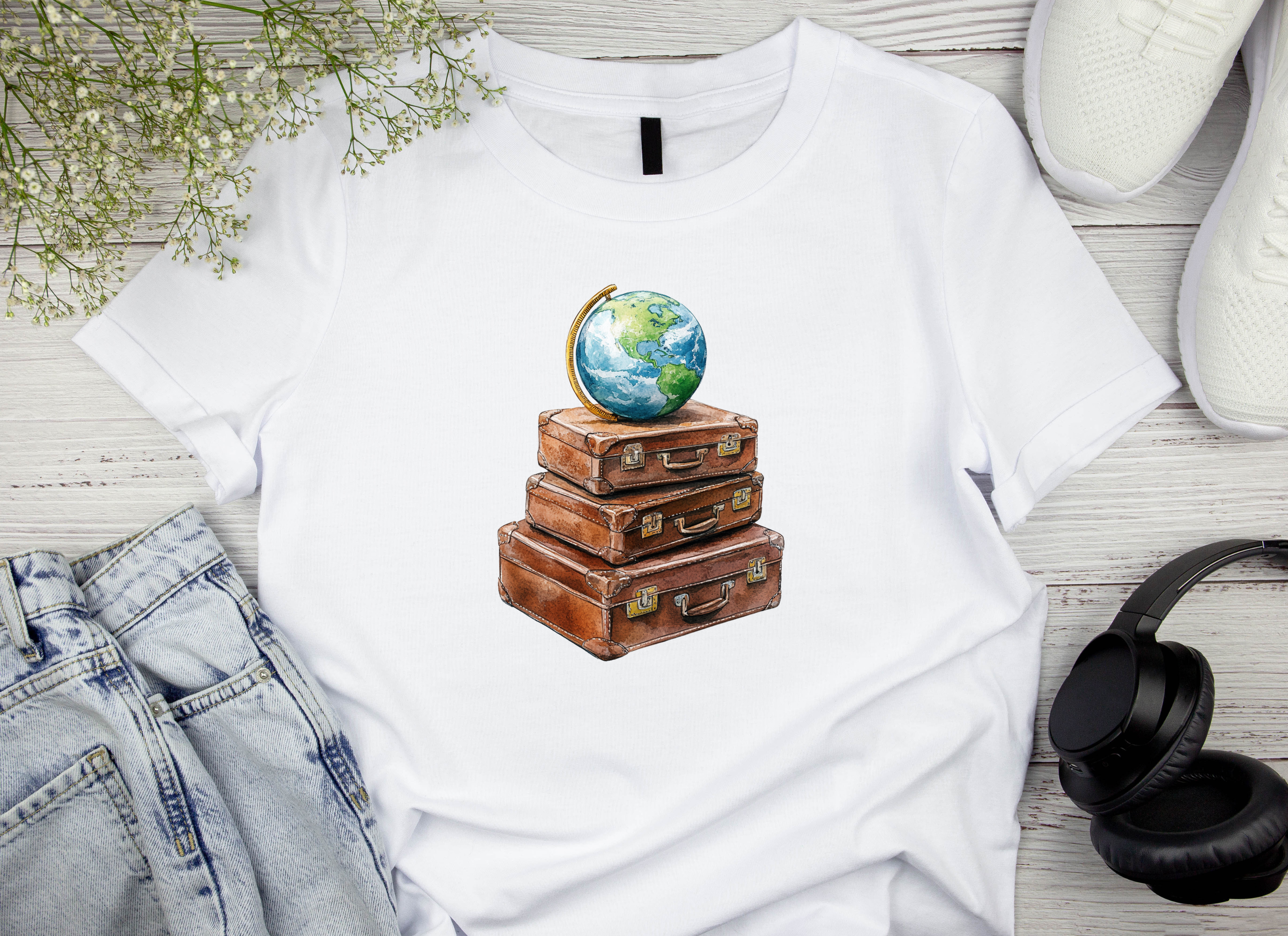 Vintage Travel Suitcases with Globe Clipart Bundle