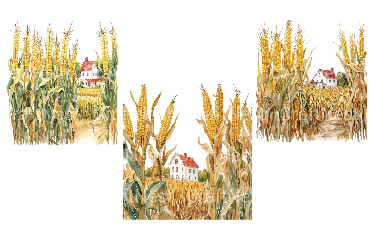Autumn Cornfield Farmhouses Clipart Bundle