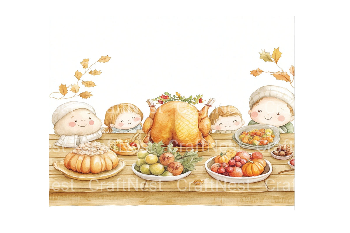 Thanksgiving Dinner Table With Family Clipart Bundle