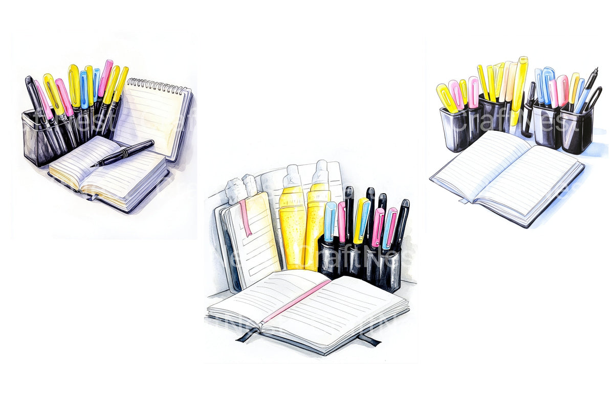 Desk With Pens And Notebooks Clipart Planner