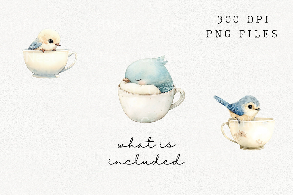 Sleeping Blue Birds In Cups Clipart Bundle
