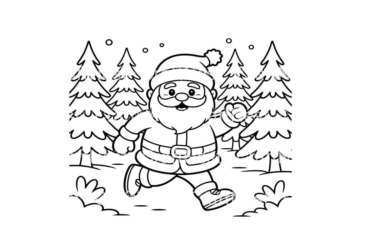 Running Santa Claus in Snowy Forest Coloring Books