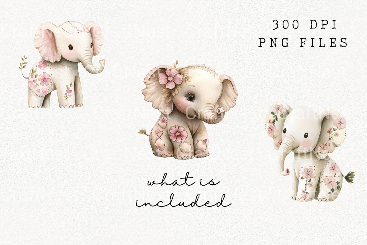Cute Floral Baby Elephant Clipart Bundle