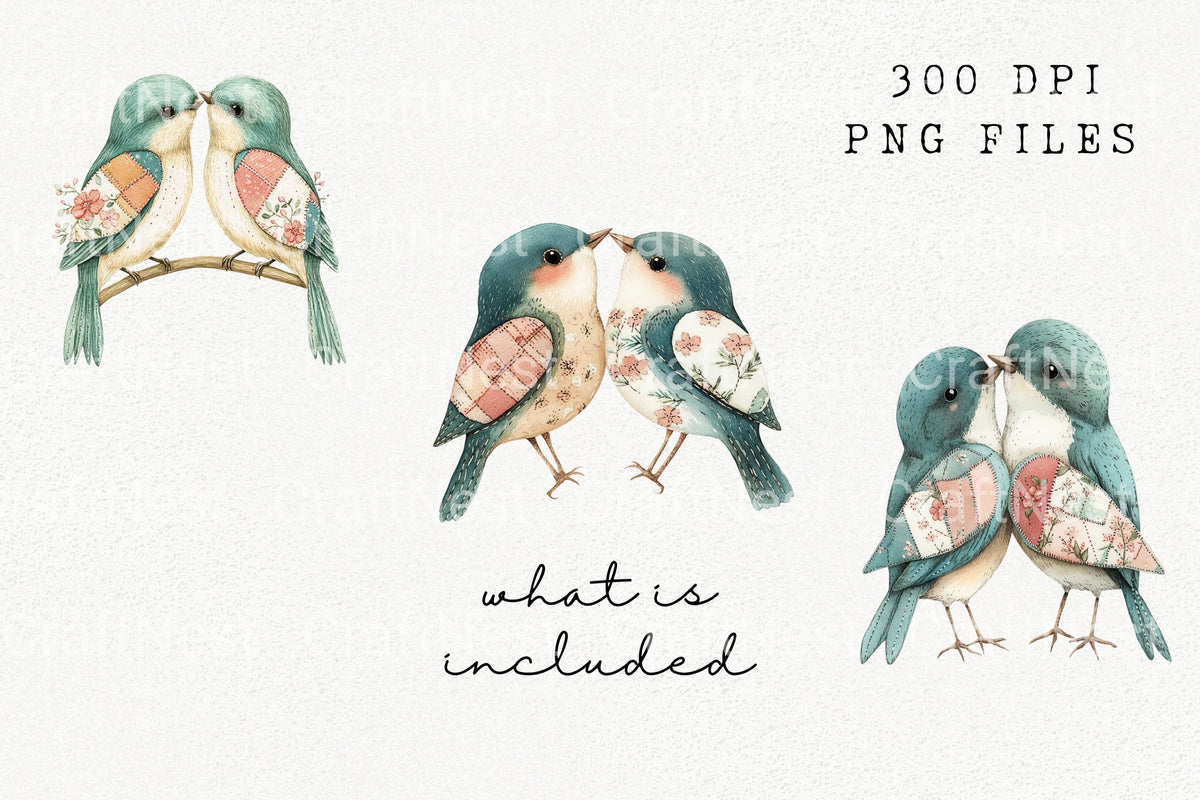 Quilted Blue Love Birds Designs Clipart Bundle