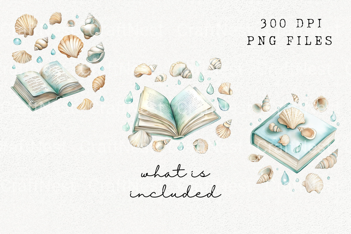 Watercolor Seashell Books Clipart Planner