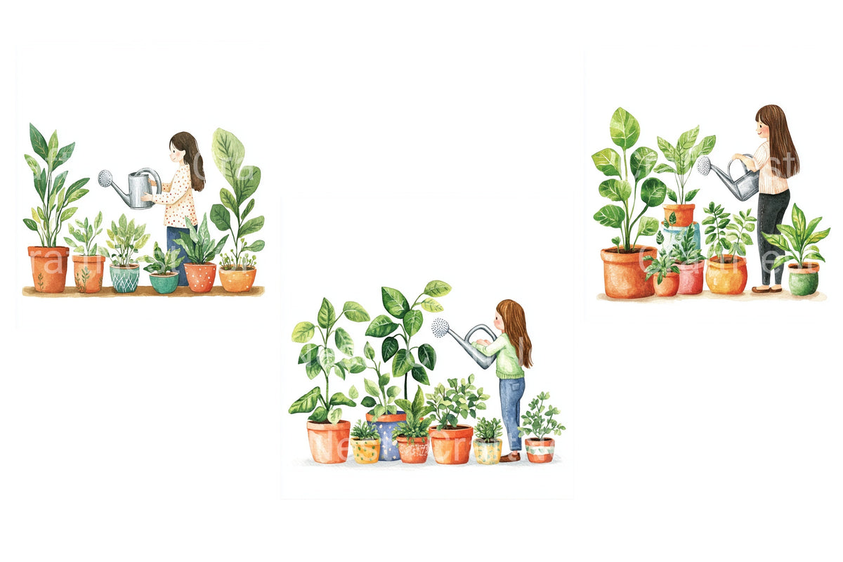 Woman Watering Houseplants Clipart Bundle