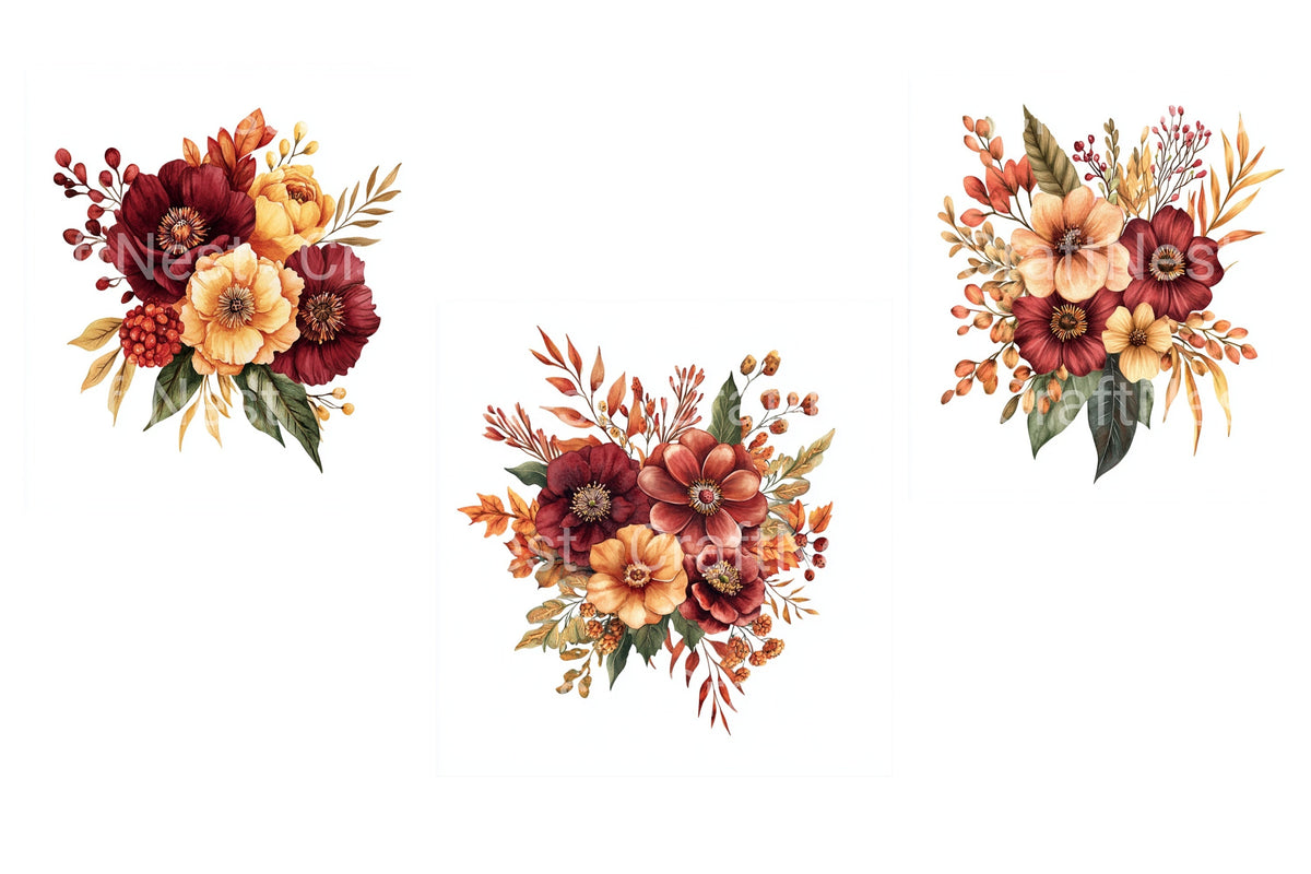 Rich Autumn Floral Arrangement Clipart Bundle