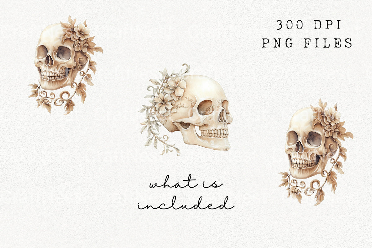 Boho Floral Skull Clipart Bundle