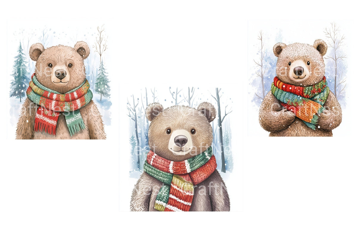Winter Bear Scarf Snow Forest Clipart Bundle