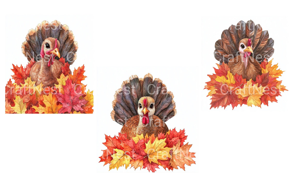 Thanksgiving Turkeys And Fall Leaves Clipart Bundle