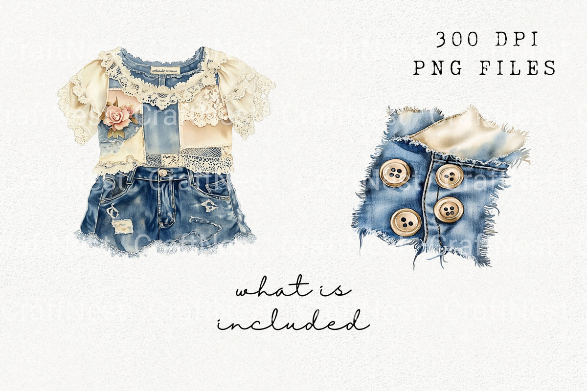 Shabby Chic Denim Outfit Patch Clipart Bundle