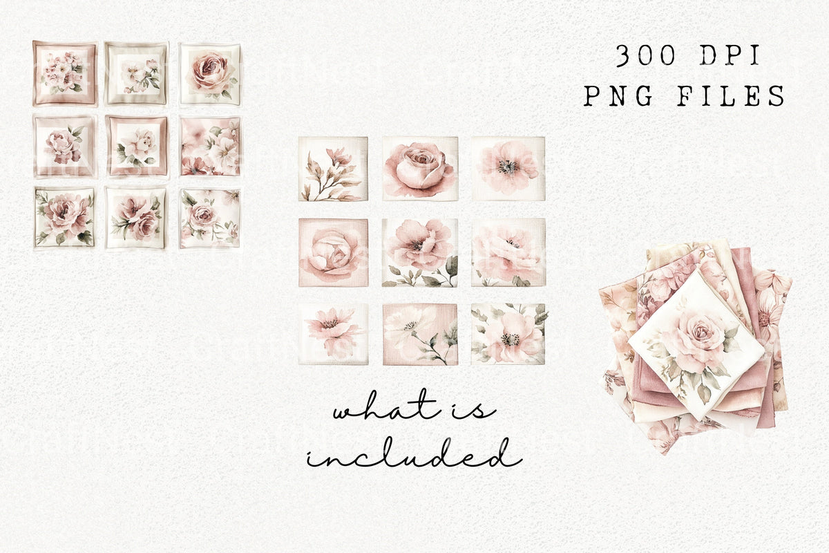 Vintage Pink Floral Quilt Blocks Clipart Bundle