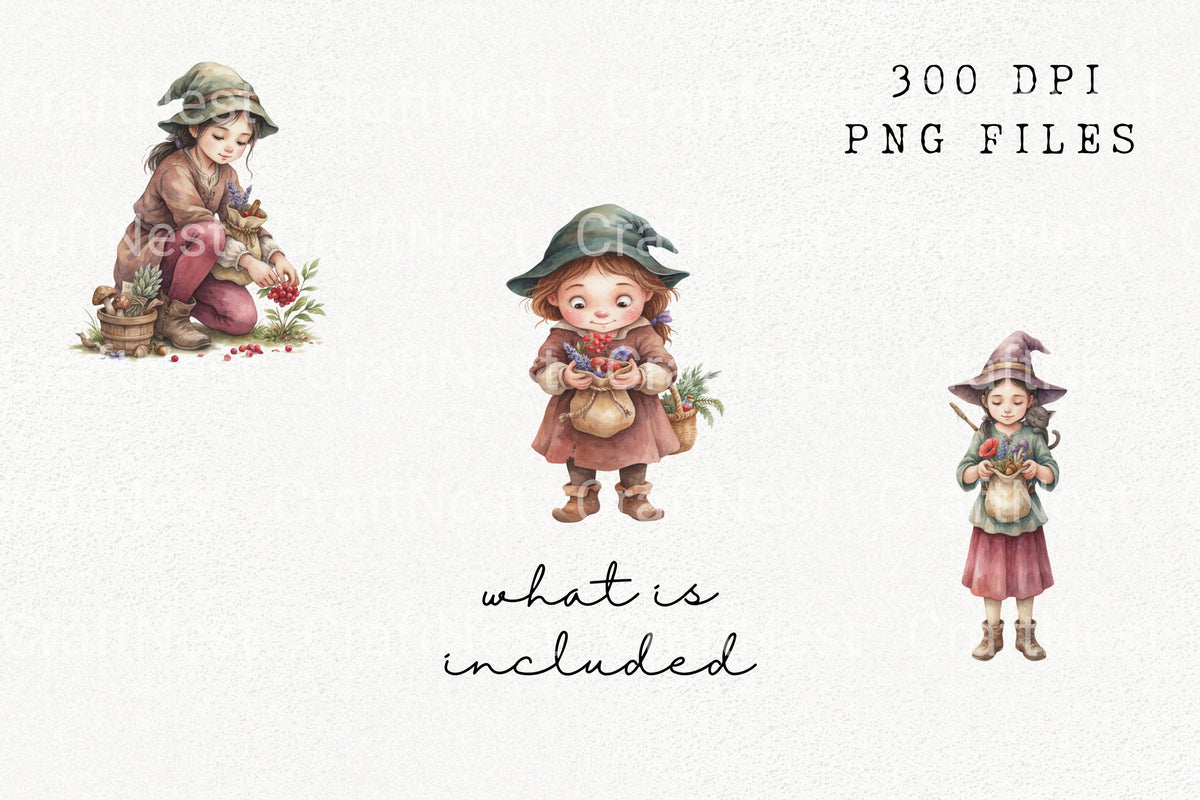 Witch Girl Gathering Herbs Clipart Bundle