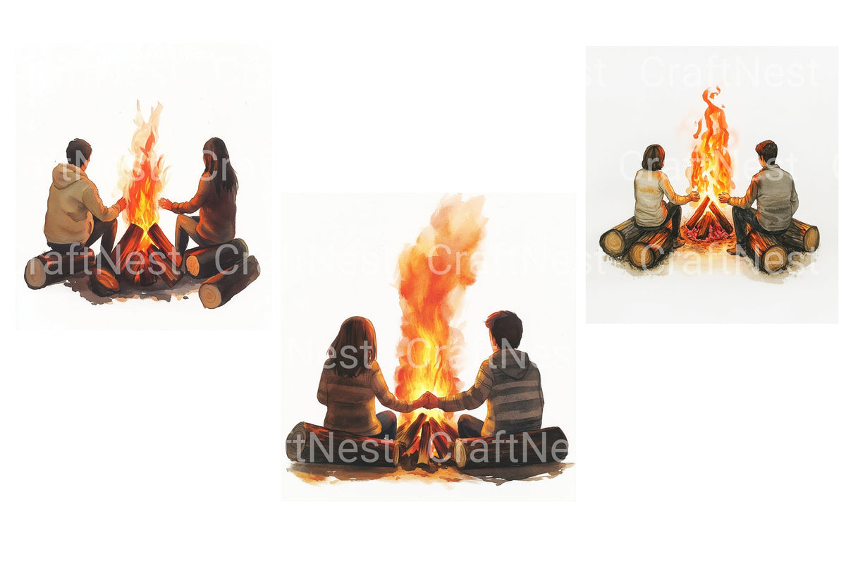 Couple By Campfire Illustration Clipart Bundle