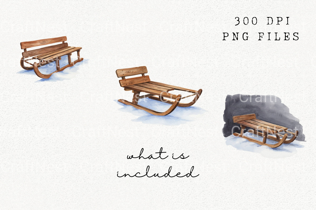 Wooden Sled Winter Illustrations Clipart Bundle