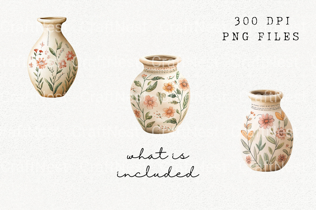Boho Floral Vases Clipart Bundle