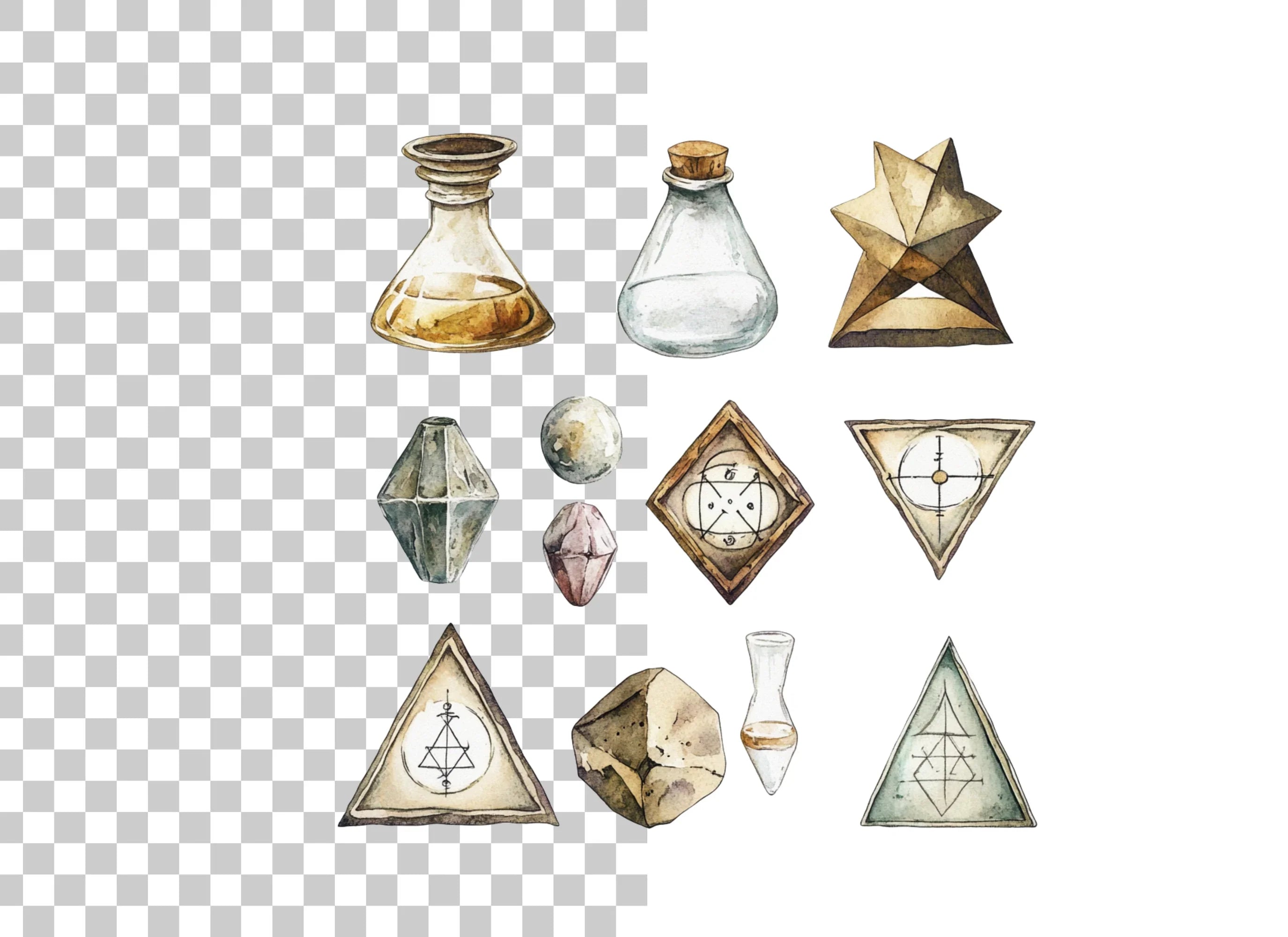 Alchemy Bottles and Geometric Symbols Clipart Bundle