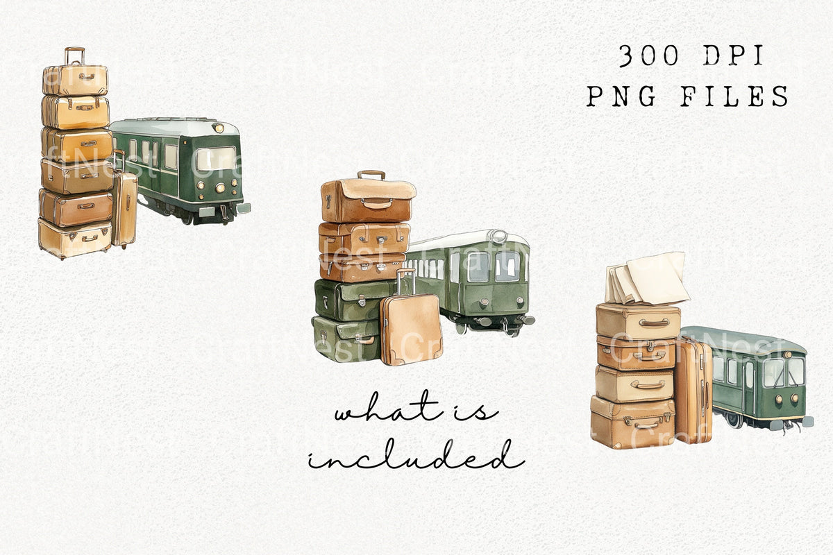 Vintage Train And Luggage Clipart Bundle