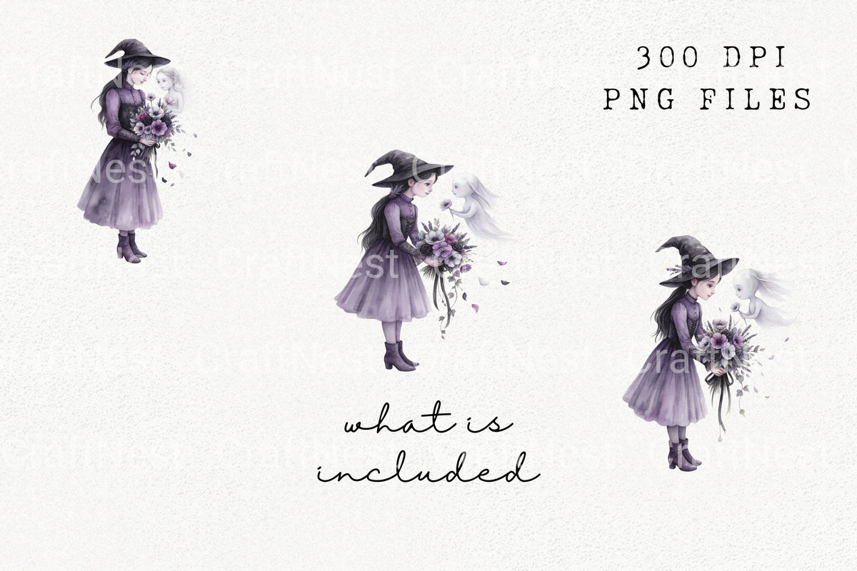 Mystical Witch With Ghost Friend Clipart Bundle