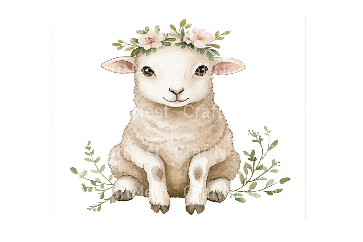 Cute Baby Lambs With Flower Crowns Clipart Bundle