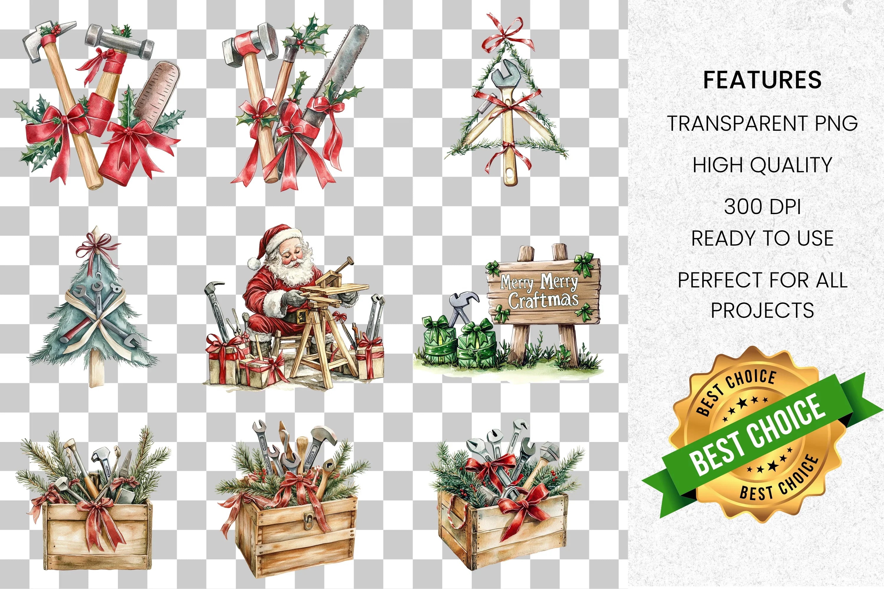 Christmas Carpenter Tools Clipart Bundle