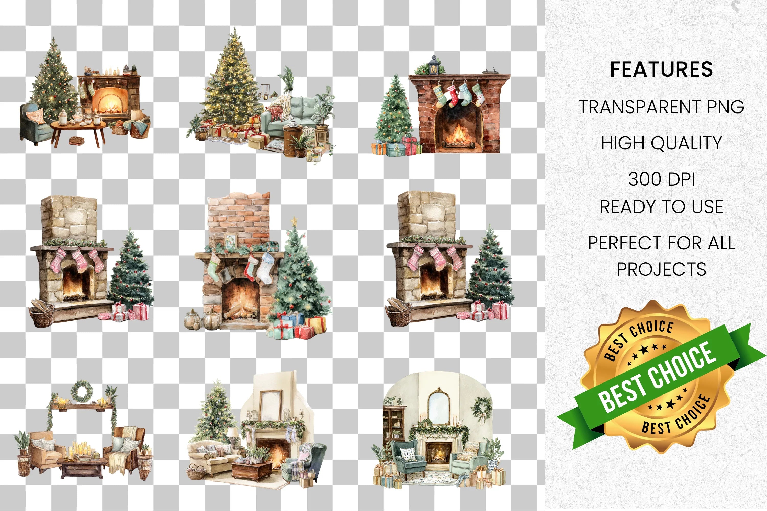 Cozy Christmas Fireplace Clipart Bundle