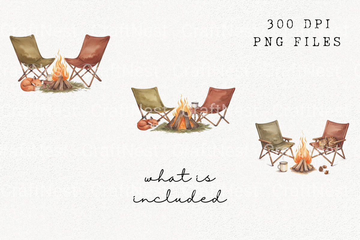 Campfire Chairs Cozy Scene Elements Clipart Bundle