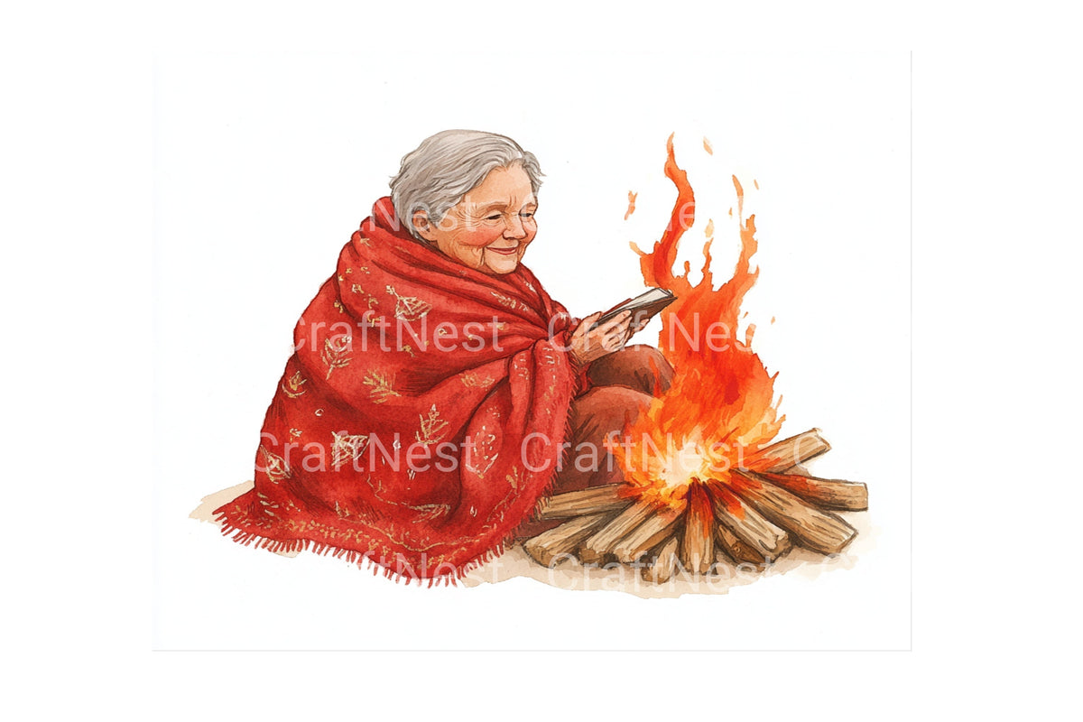 Cozy Grandma By Campfire Clipart Bundle