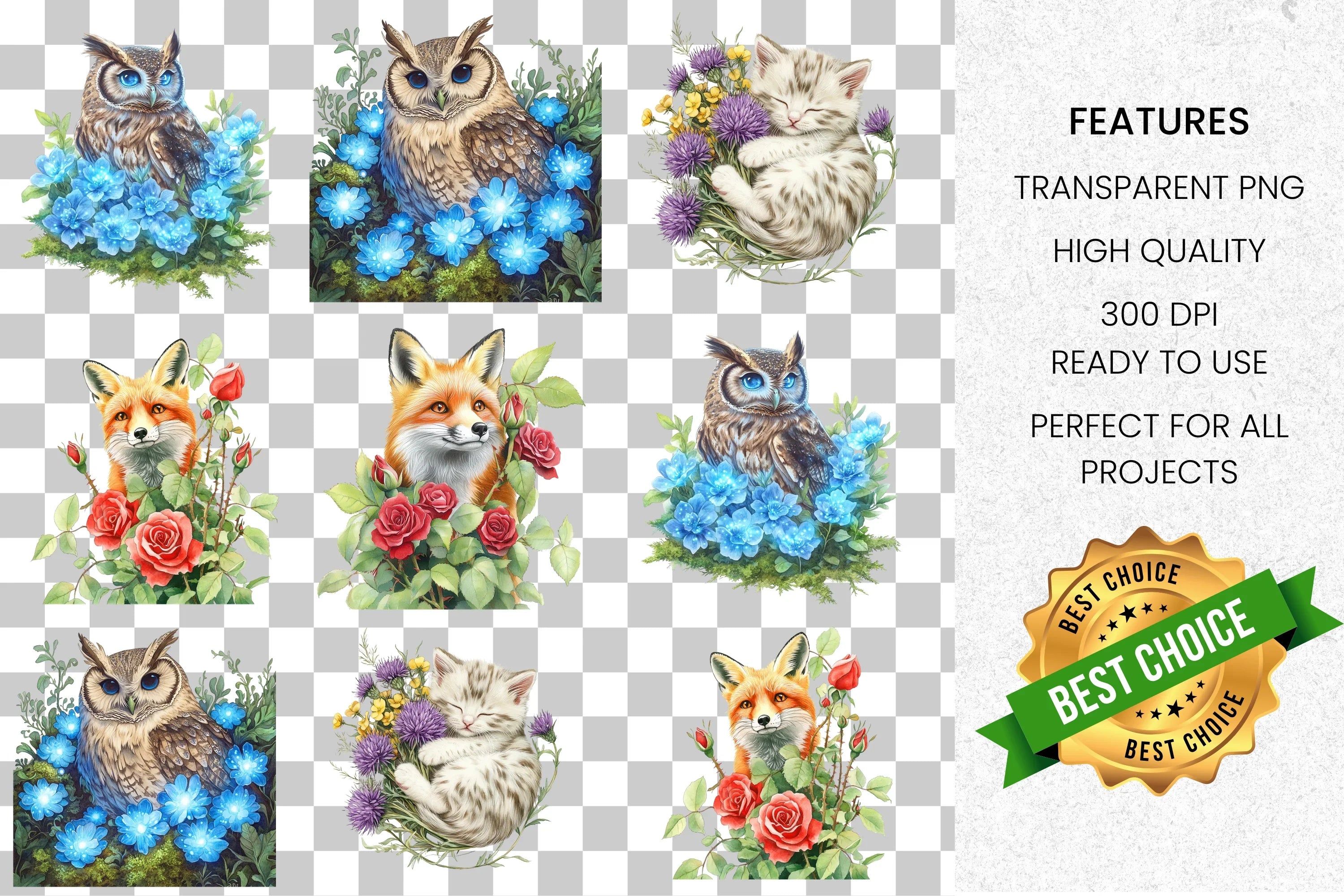 Animals and Flowers Clipart Bundle