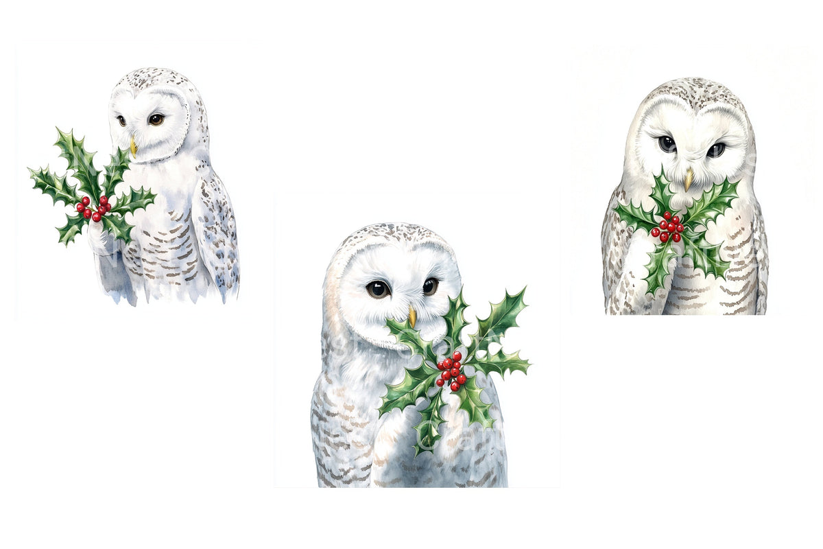 Snowy Owl Holly Branch Christmas Clipart Bundle