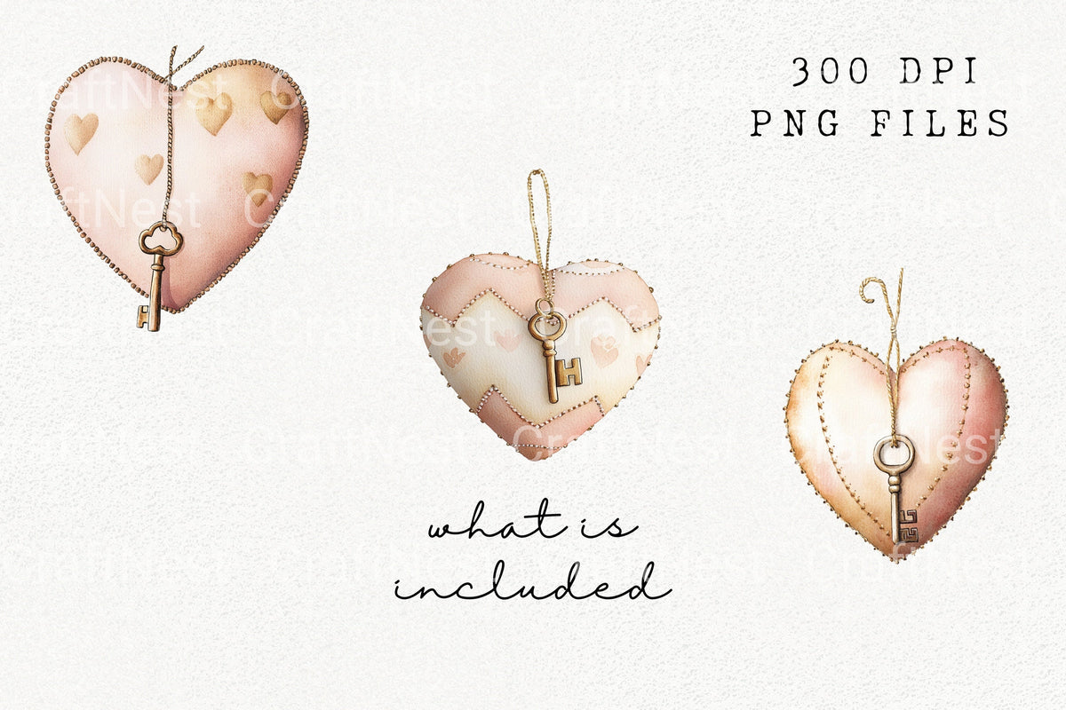 Quilted Heart Key Clipart Bundle
