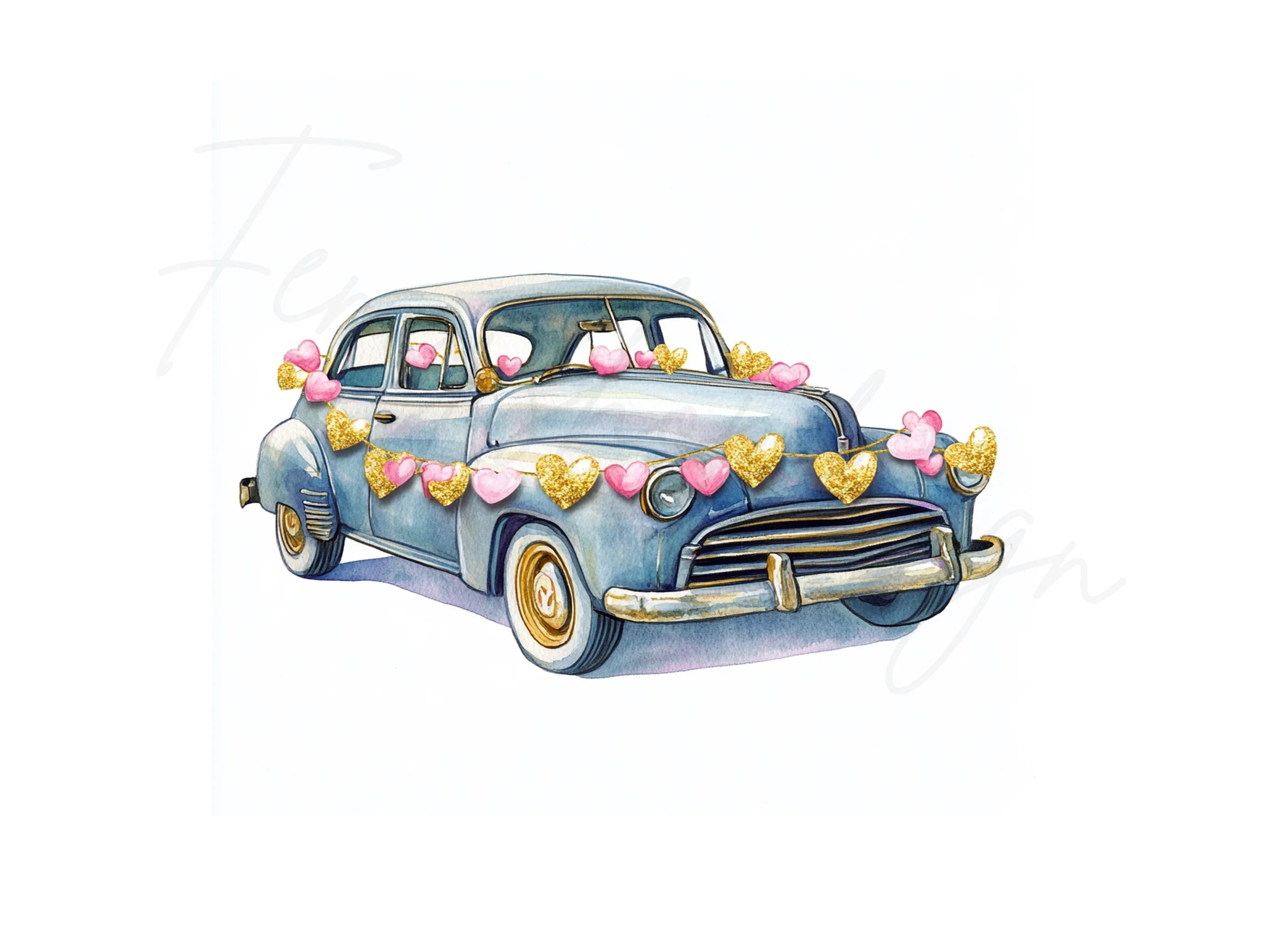 Vintage Cars with Heart Garlands Clipart Bundle