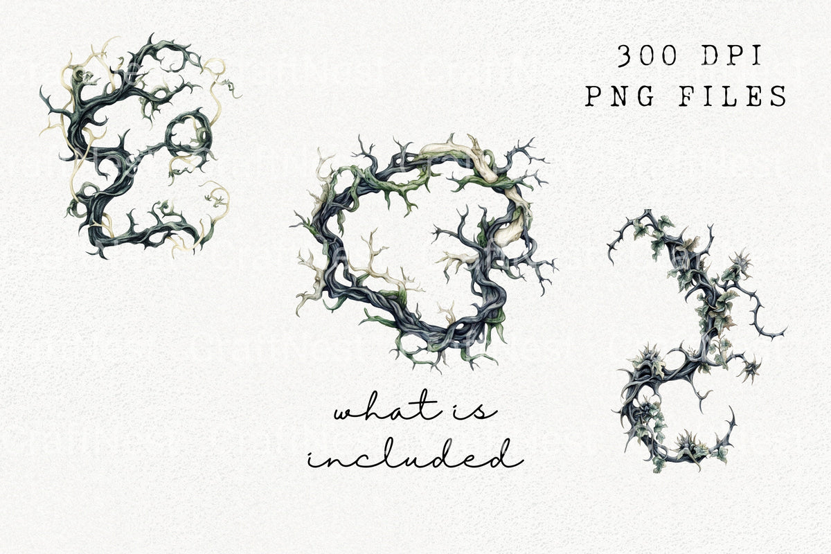 Spooky Twisted Thorn Branches Clipart Bundle