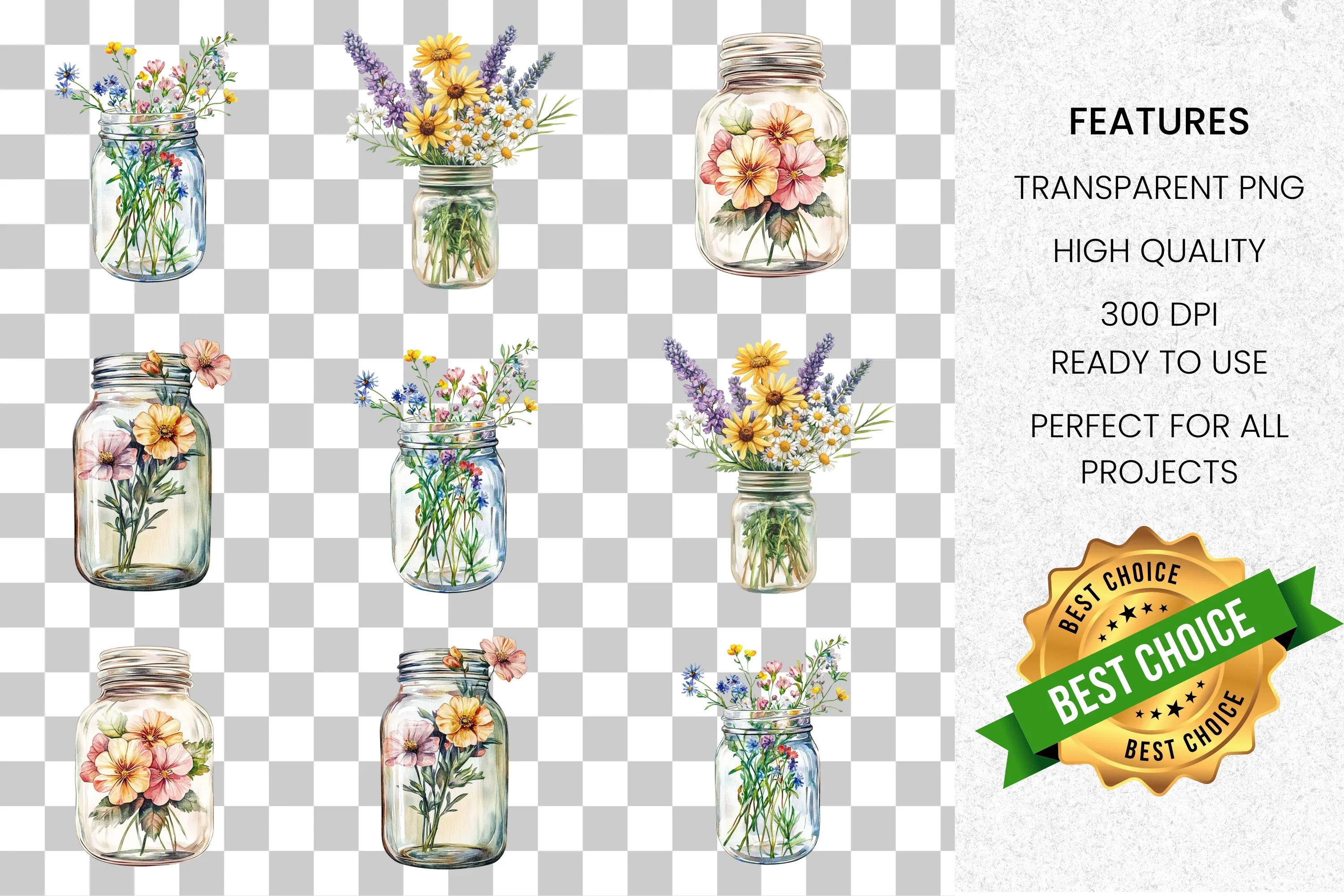 Wildflowers in Jars Clipart Bundle